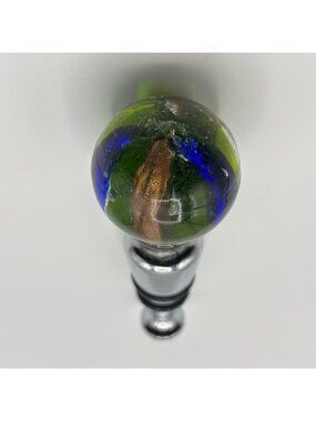 Art Glass Wine Bottle Stopper Topper Green Ball Gold Blue Striped Glossy Bubbles